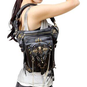 𝅺BLACK Leather Skull Waist Bag Fanny Pack Gothic Shoulder Bag Biker Rocker NWT